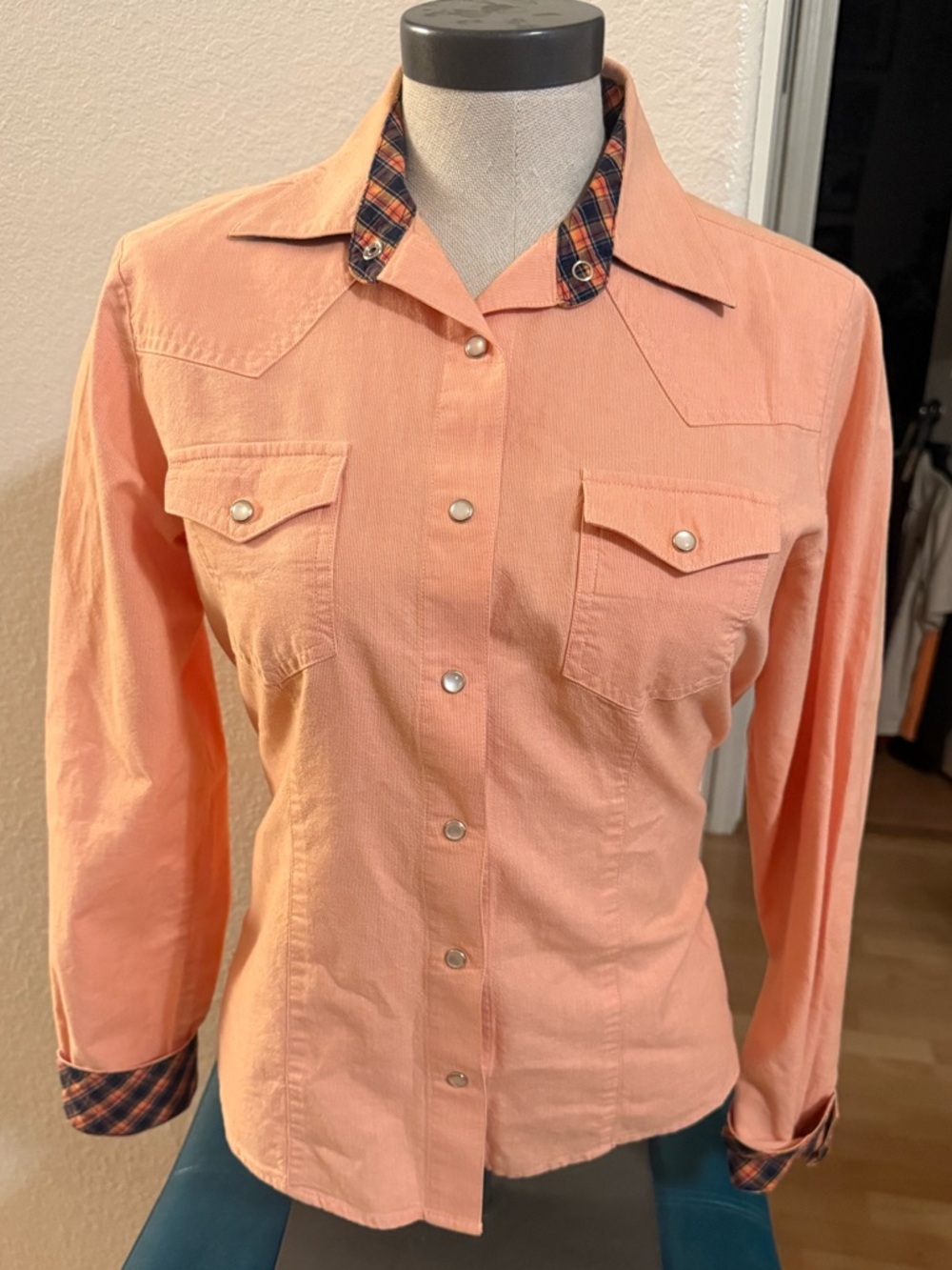 Rockies Peach Button-Up Shirt with Navy & Orange Plaid Trim
